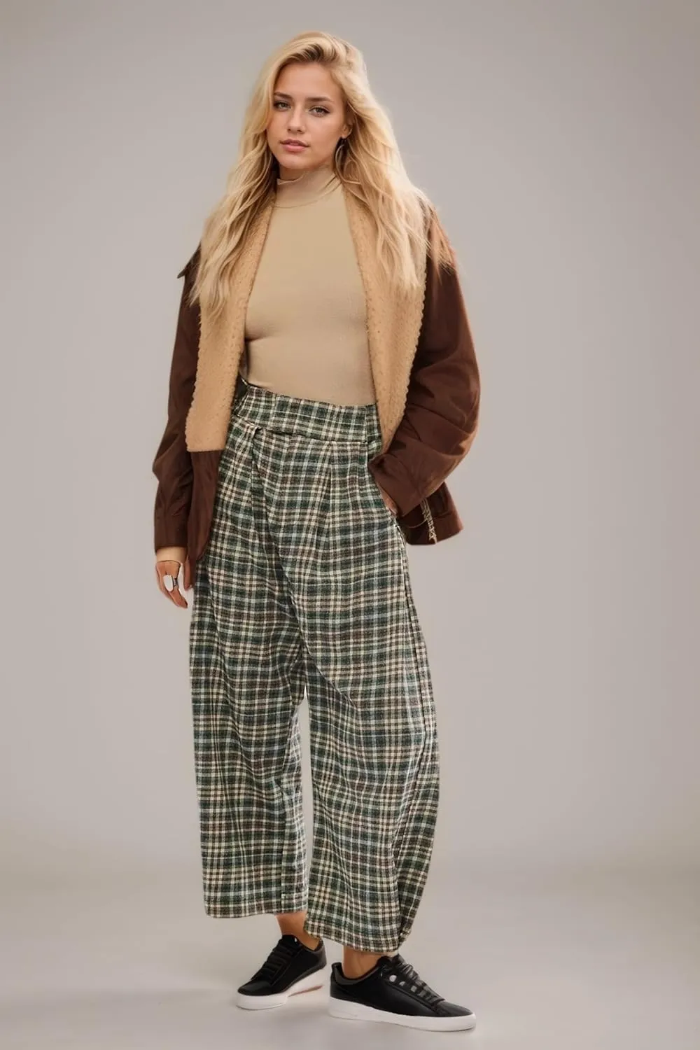 Plaid Wide Leg Pants Woman Loose Mid Rise Baggy Pant Christmas Casual Barrel Trousers with Pockets