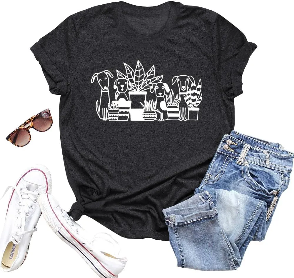 Plant Shirts for Women Dogs and Plants Lover Shirt Gardening Gifts Tee Funny Plant Mom Tops