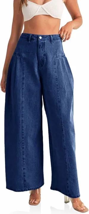 PLNOTME Womens Baggy High Waisted Jeans Loose Boyfriend Wide Leg Side Pleated Denim Pants