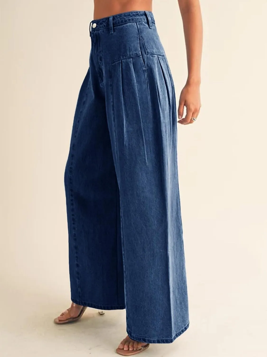 PLNOTME Womens Baggy High Waisted Jeans Loose Boyfriend Wide Leg Side Pleated Denim Pants