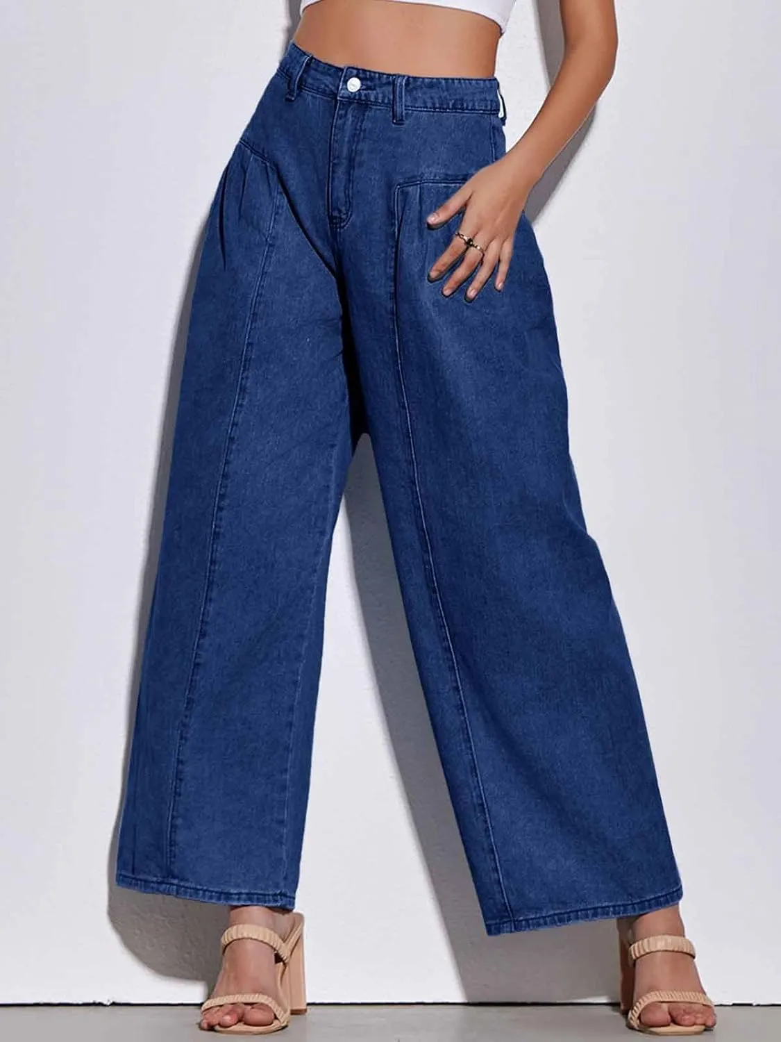 PLNOTME Womens Baggy High Waisted Jeans Loose Boyfriend Wide Leg Side Pleated Denim Pants