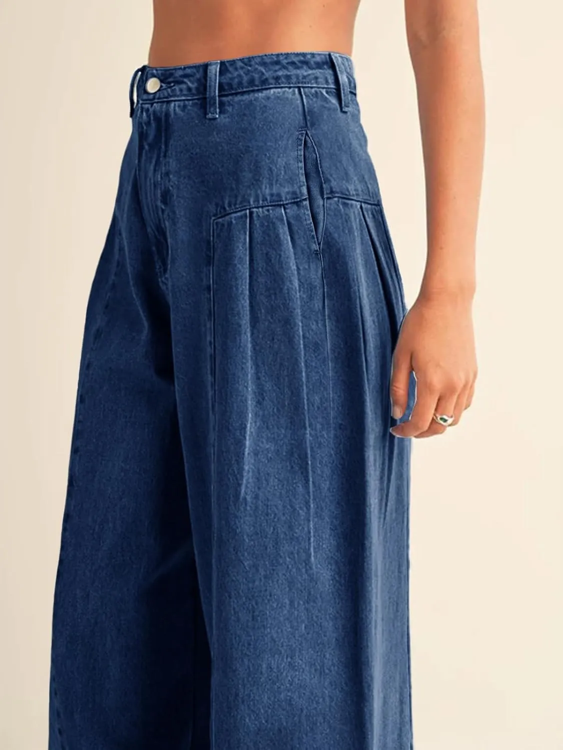 PLNOTME Womens Baggy High Waisted Jeans Loose Boyfriend Wide Leg Side Pleated Denim Pants