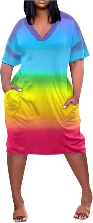 Plus Size Dress Womens 2024 Plus Size Loose Knee Trendy V-Neck Ladies Pocket Breathable Daily Dress