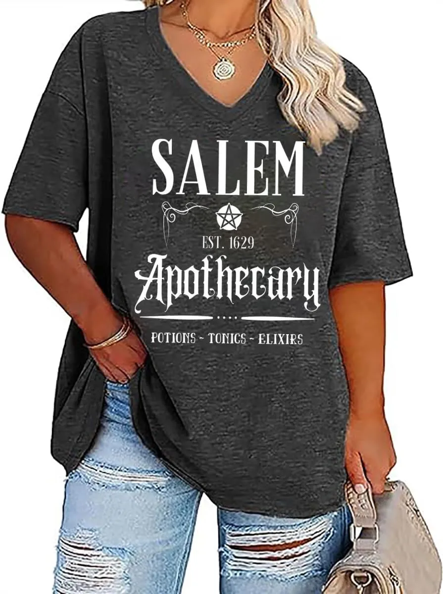 Plus Size V-Neck Halloween T Shirt Women Vintage Graphic Hocus Pocus Tees Casual Loose Fall Holiday Shirts Tops