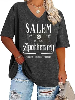 Plus Size V-Neck Halloween T Shirt Women Vintage Graphic Hocus Pocus Tees Casual Loose Fall Holiday Shirts Tops