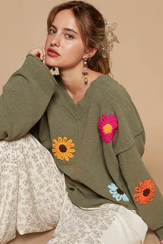 POL Oversize v-neck flower patches solid sweater - Olive or Charcoal Multi