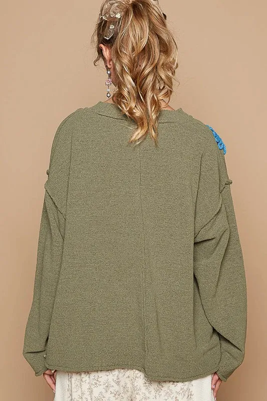 POL Oversize v-neck flower patches solid sweater - Olive or Charcoal Multi