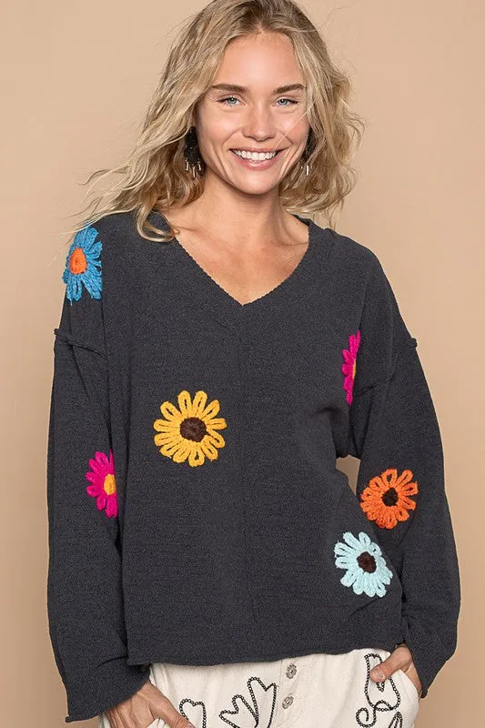 POL Oversize v-neck flower patches solid sweater - Olive or Charcoal Multi