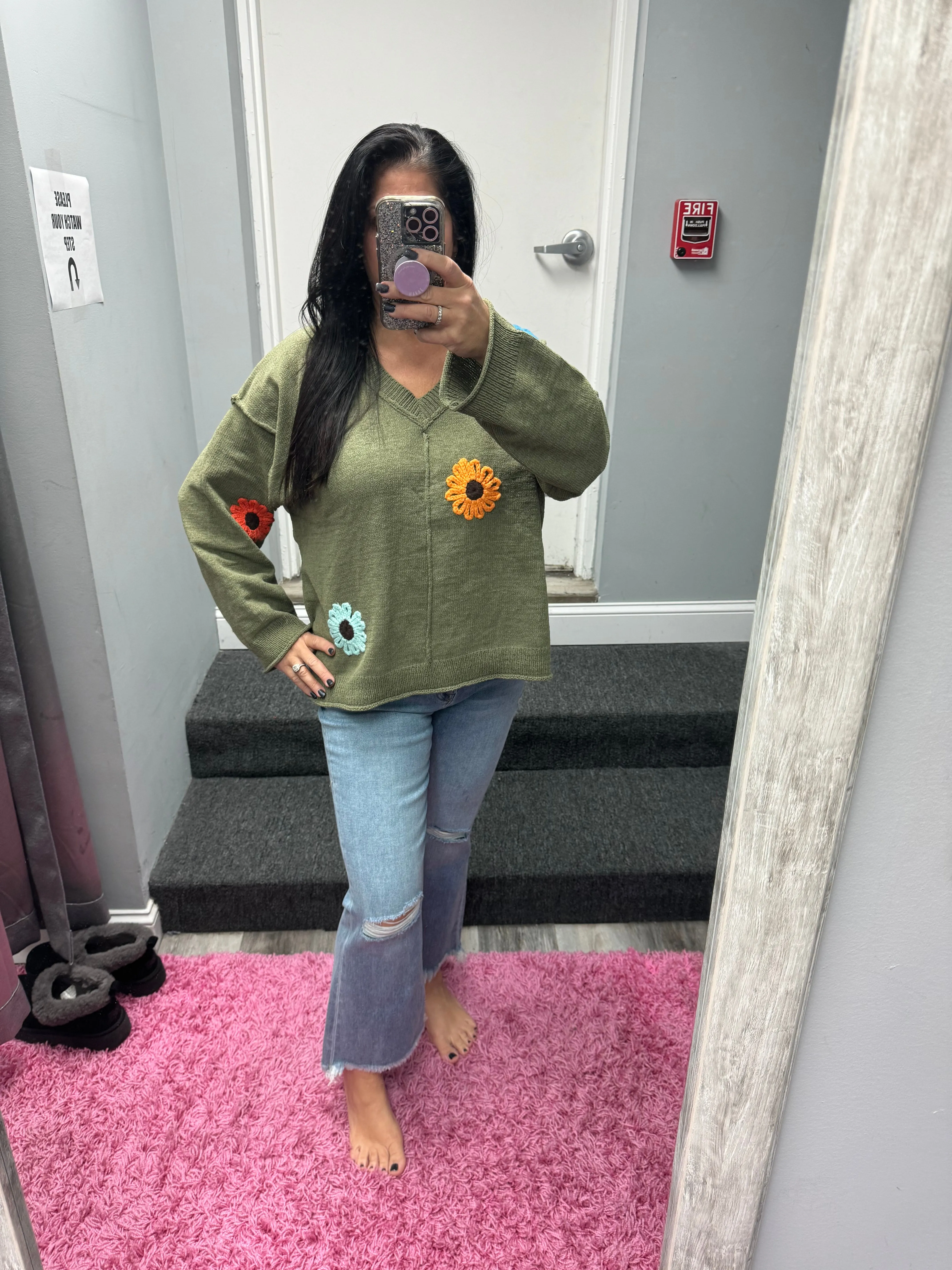 POL Oversize v-neck flower patches solid sweater - Olive or Charcoal Multi