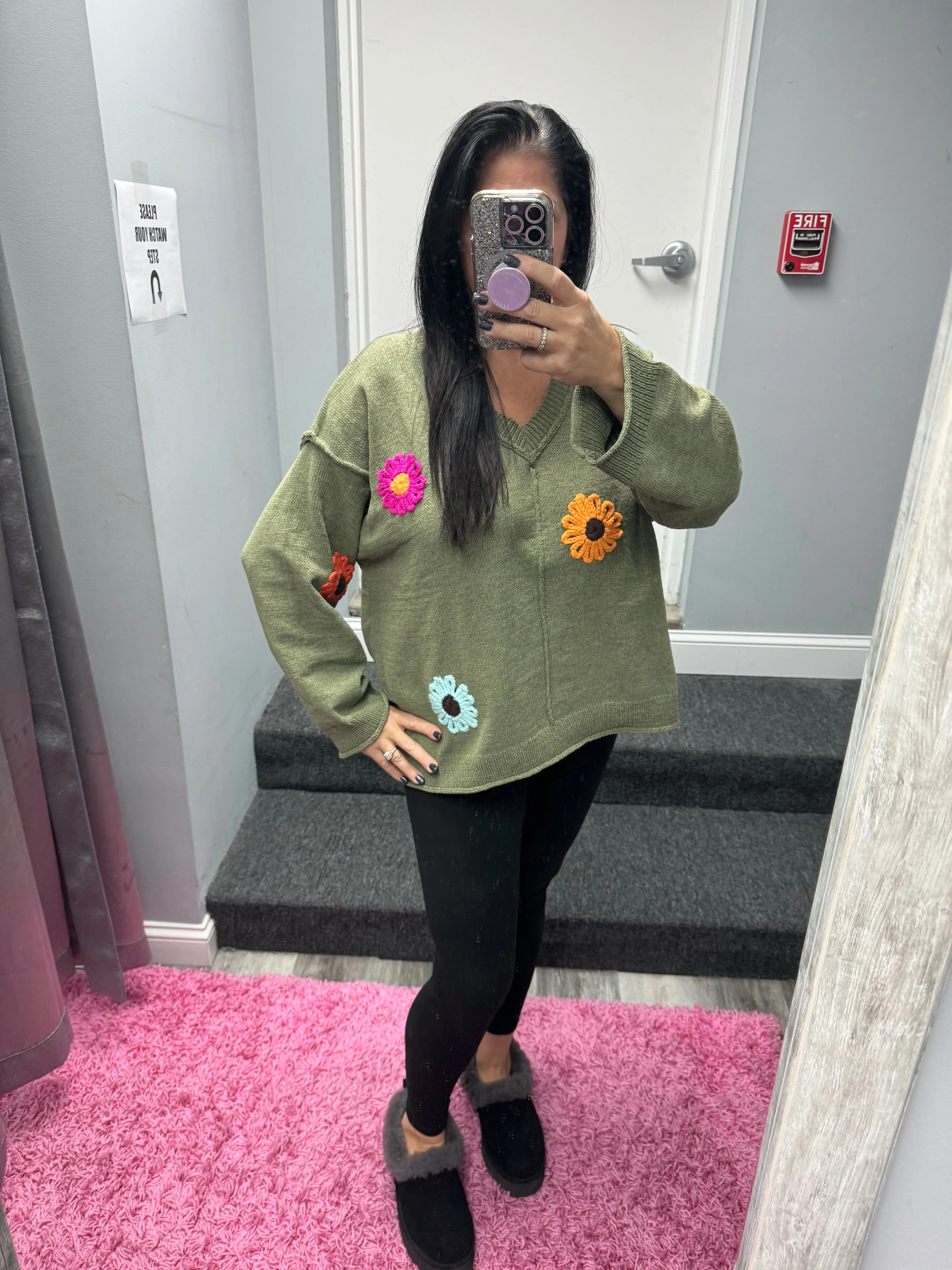 POL Oversize v-neck flower patches solid sweater - Olive or Charcoal Multi