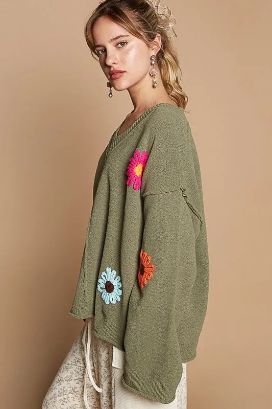 POL Oversize v-neck flower patches solid sweater - Olive or Charcoal Multi