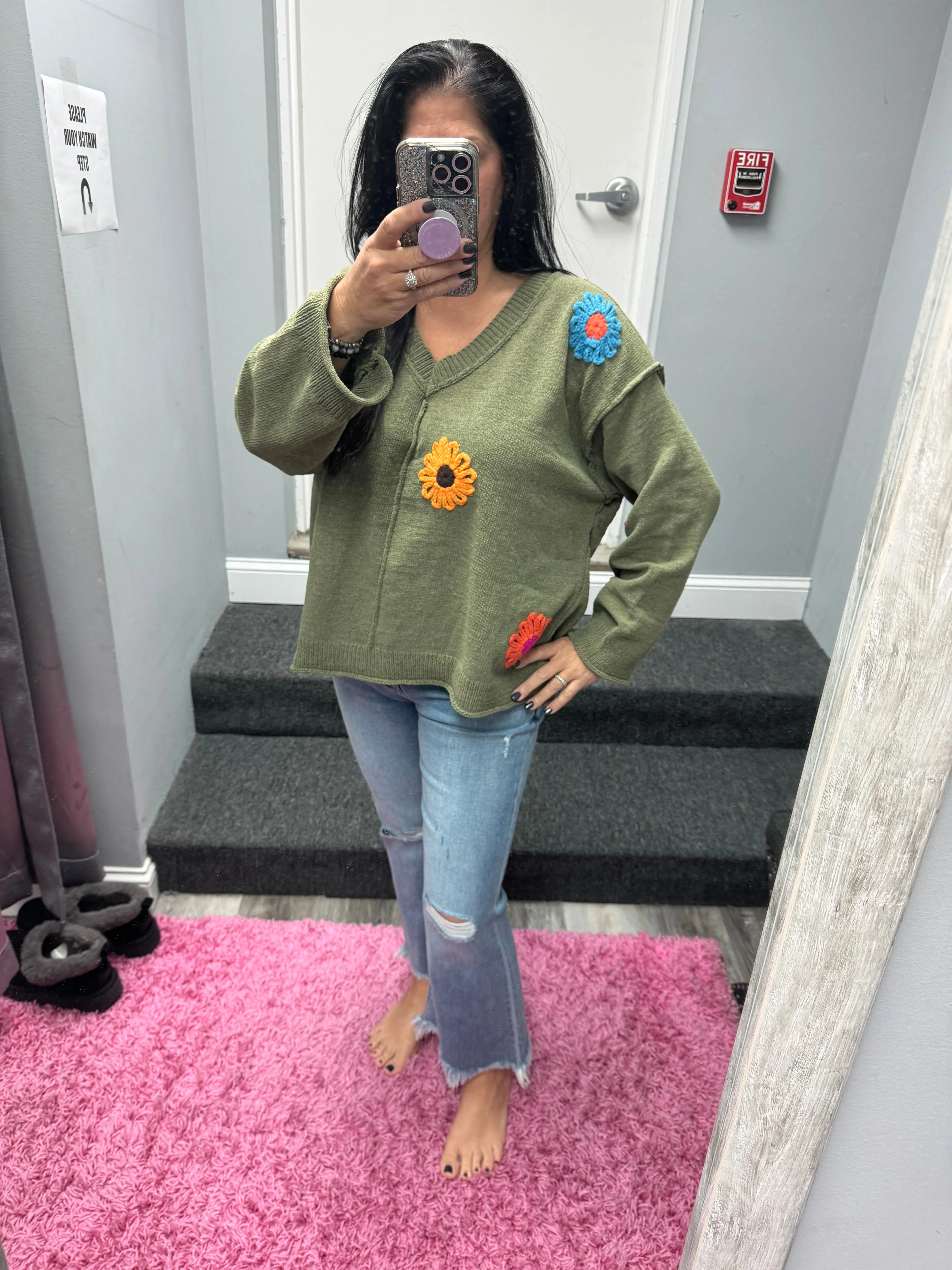 POL Oversize v-neck flower patches solid sweater - Olive or Charcoal Multi