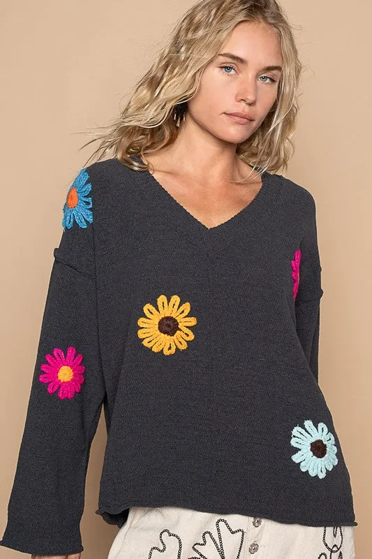 POL Oversize v-neck flower patches solid sweater - Olive or Charcoal Multi