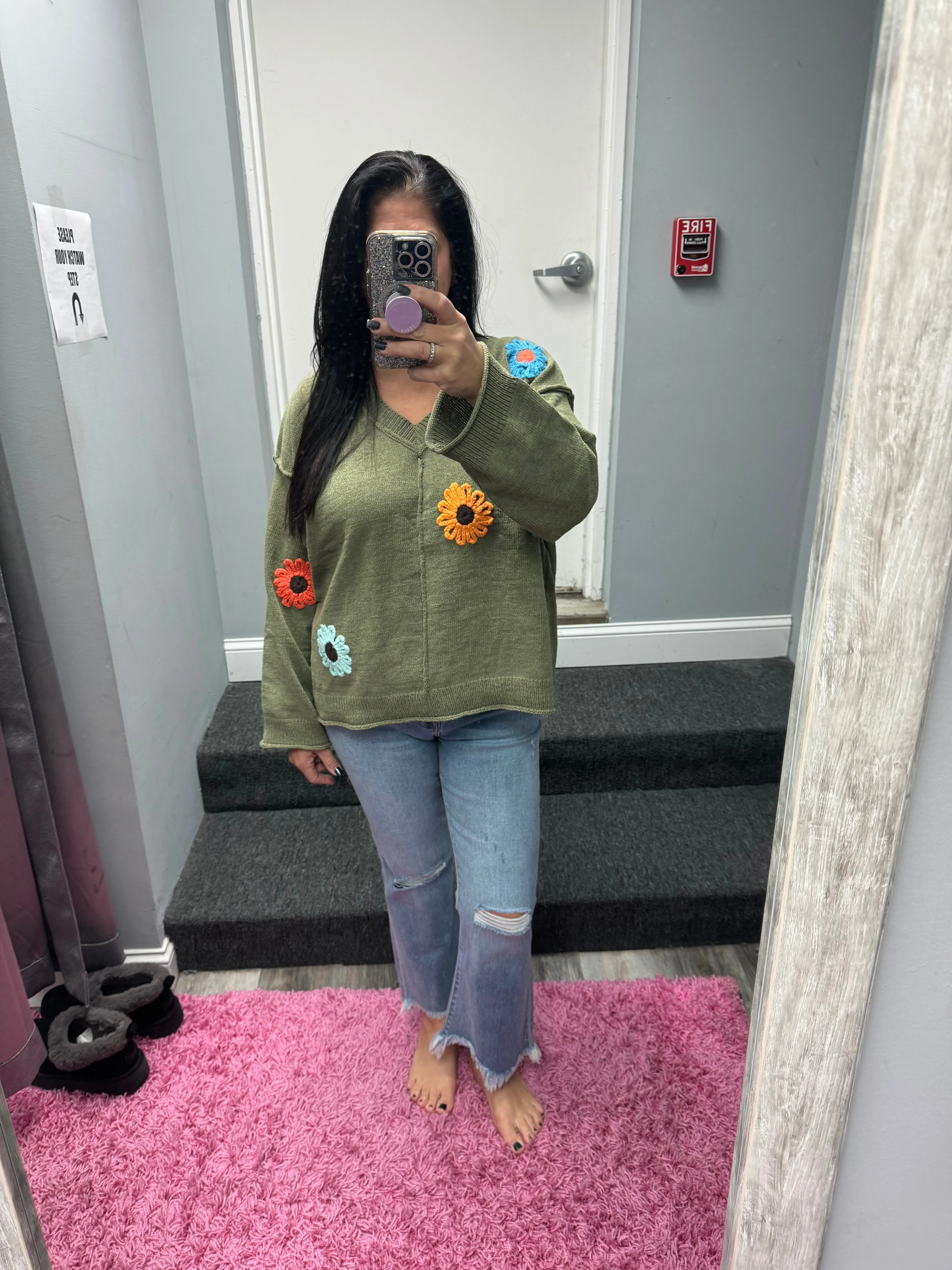 POL Oversize v-neck flower patches solid sweater - Olive or Charcoal Multi