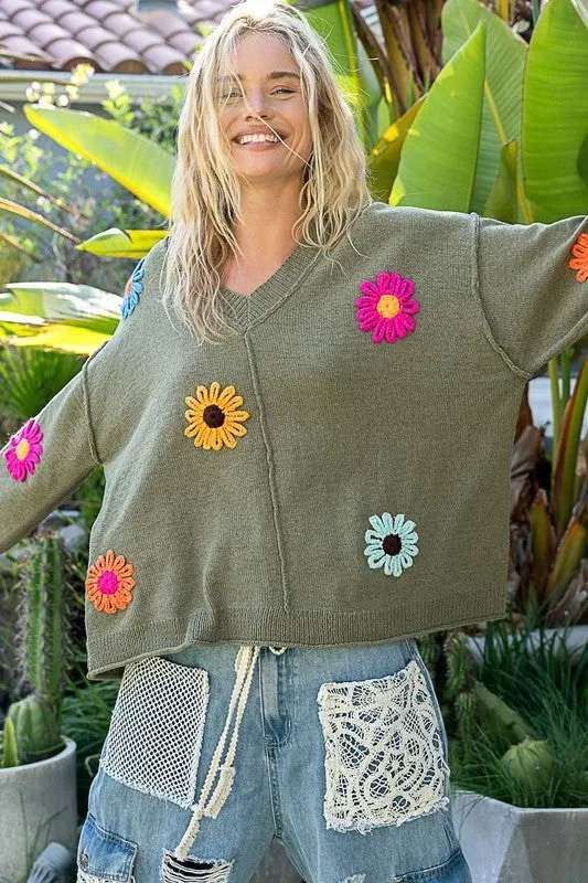 POL Oversize v-neck flower patches solid sweater - Olive or Charcoal Multi