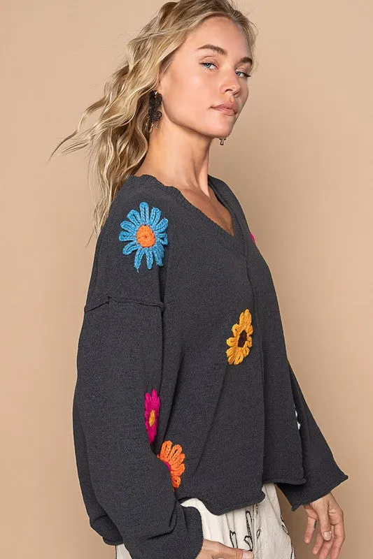 POL Oversize v-neck flower patches solid sweater - Olive or Charcoal Multi