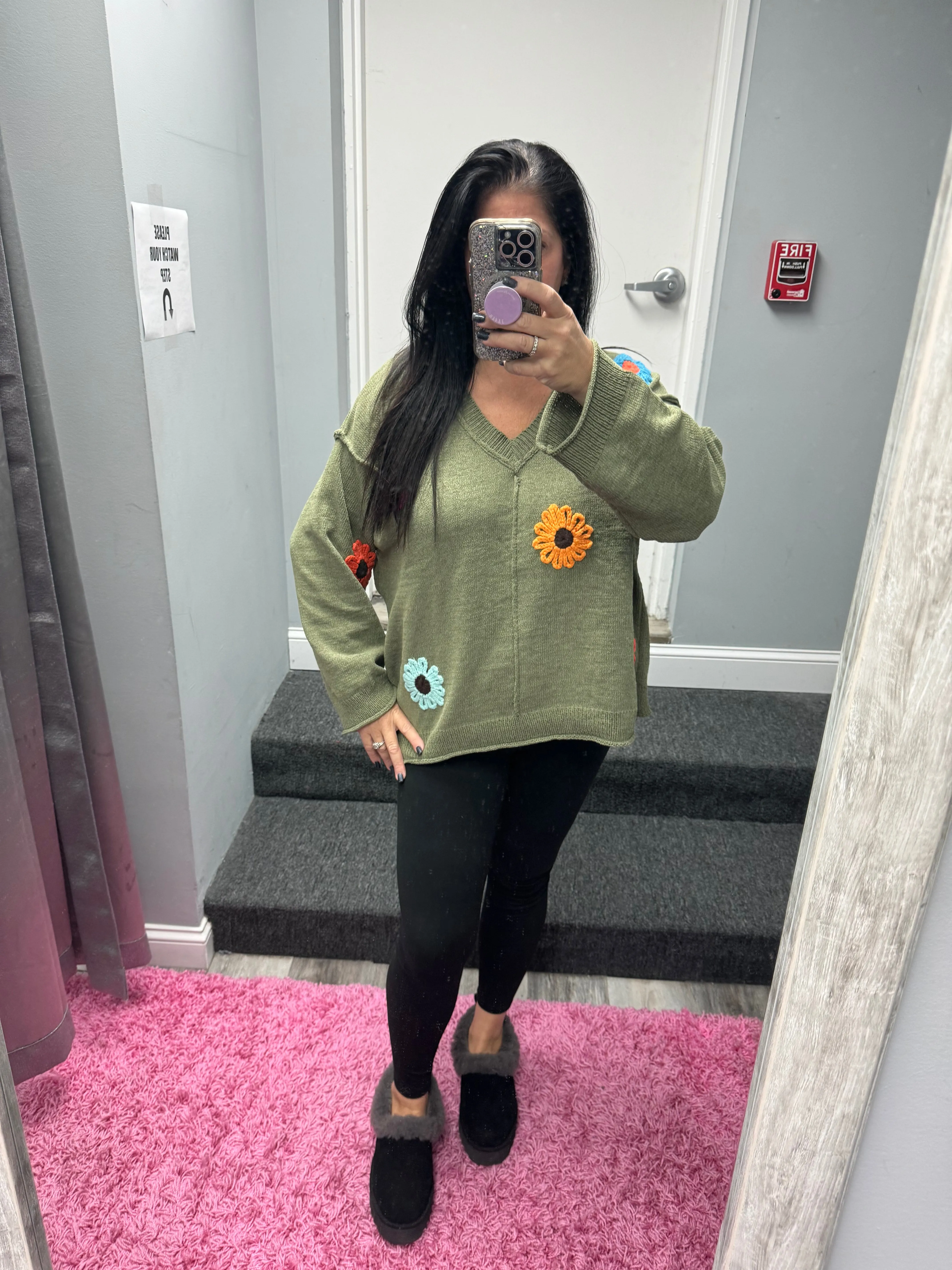POL Oversize v-neck flower patches solid sweater - Olive or Charcoal Multi
