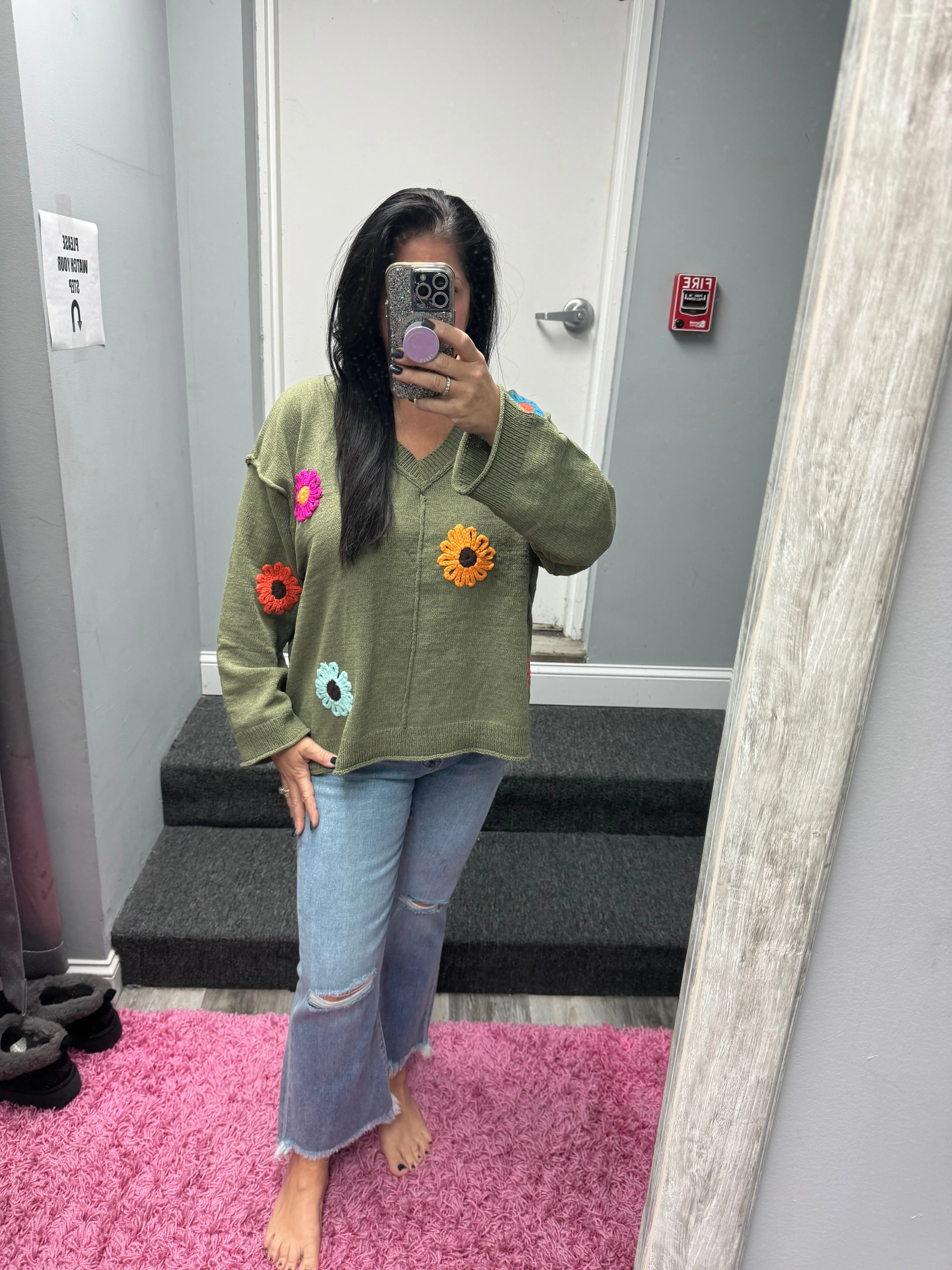 POL Oversize v-neck flower patches solid sweater - Olive or Charcoal Multi