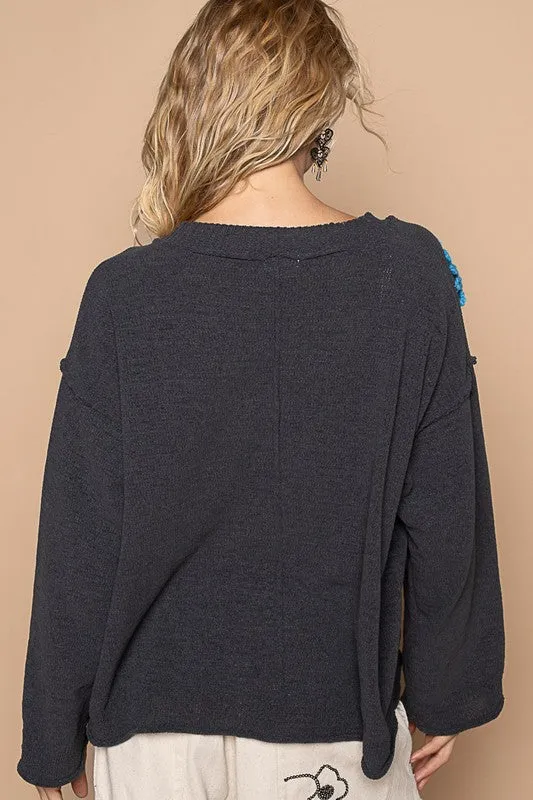 POL Oversize v-neck flower patches solid sweater - Olive or Charcoal Multi