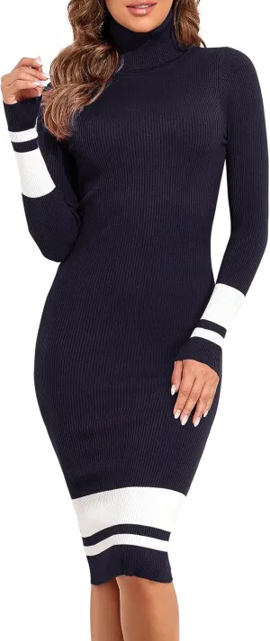 PrettyGuide Women's Turtleneck Sweater Dress Long Sleeve Ribbed Knit Stretch Midi Bodycon Dresses