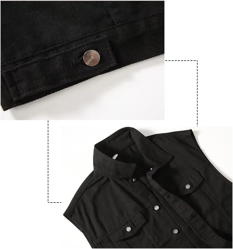 PRIJOUHE Men's Denim Vest Jean Vest Black Denim Motorcycle Black Blue Biker Plus Size Sleeveless