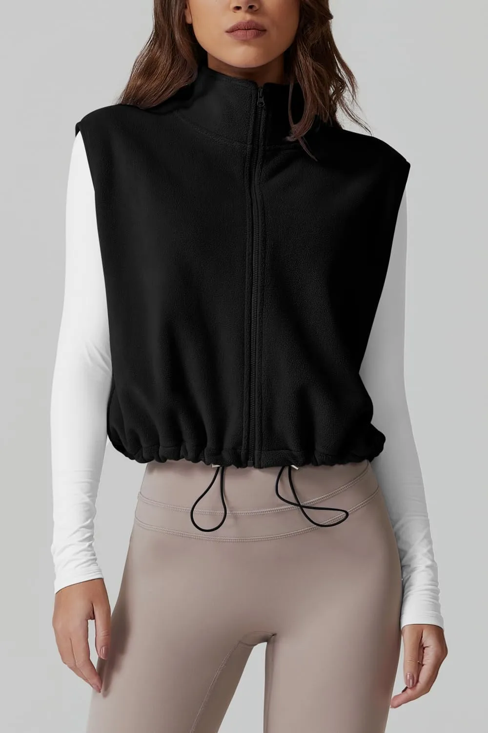 QINSEN Women's Full Zip Fleece Short Jacket Vest Warm Winter Sleeveless Stand Collar Sherpa Crop Coat