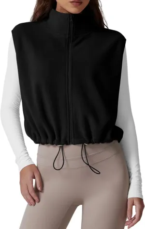 QINSEN Women's Full Zip Fleece Short Jacket Vest Warm Winter Sleeveless Stand Collar Sherpa Crop Coat