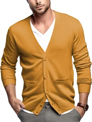 QUALFORT Men's 100% Cotton Cardigan Sweater Casual V-Neck Button Down Knitted Outerwear with Pockets