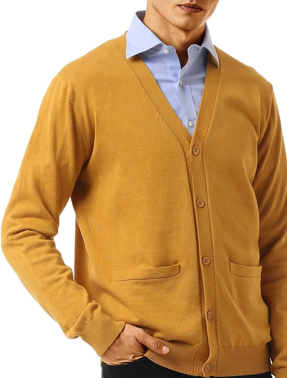 QUALFORT Men's 100% Cotton Cardigan Sweater Casual V-Neck Button Down Knitted Outerwear with Pockets
