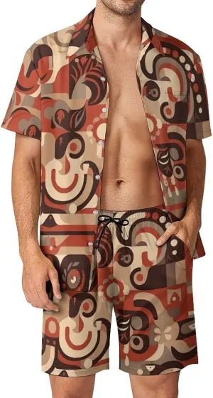 Red And Brown Pattern Mens Swimsuit 2 Pieces Set Quick Dry Shorts Shirts Summer Button Down Short Sleeve Set