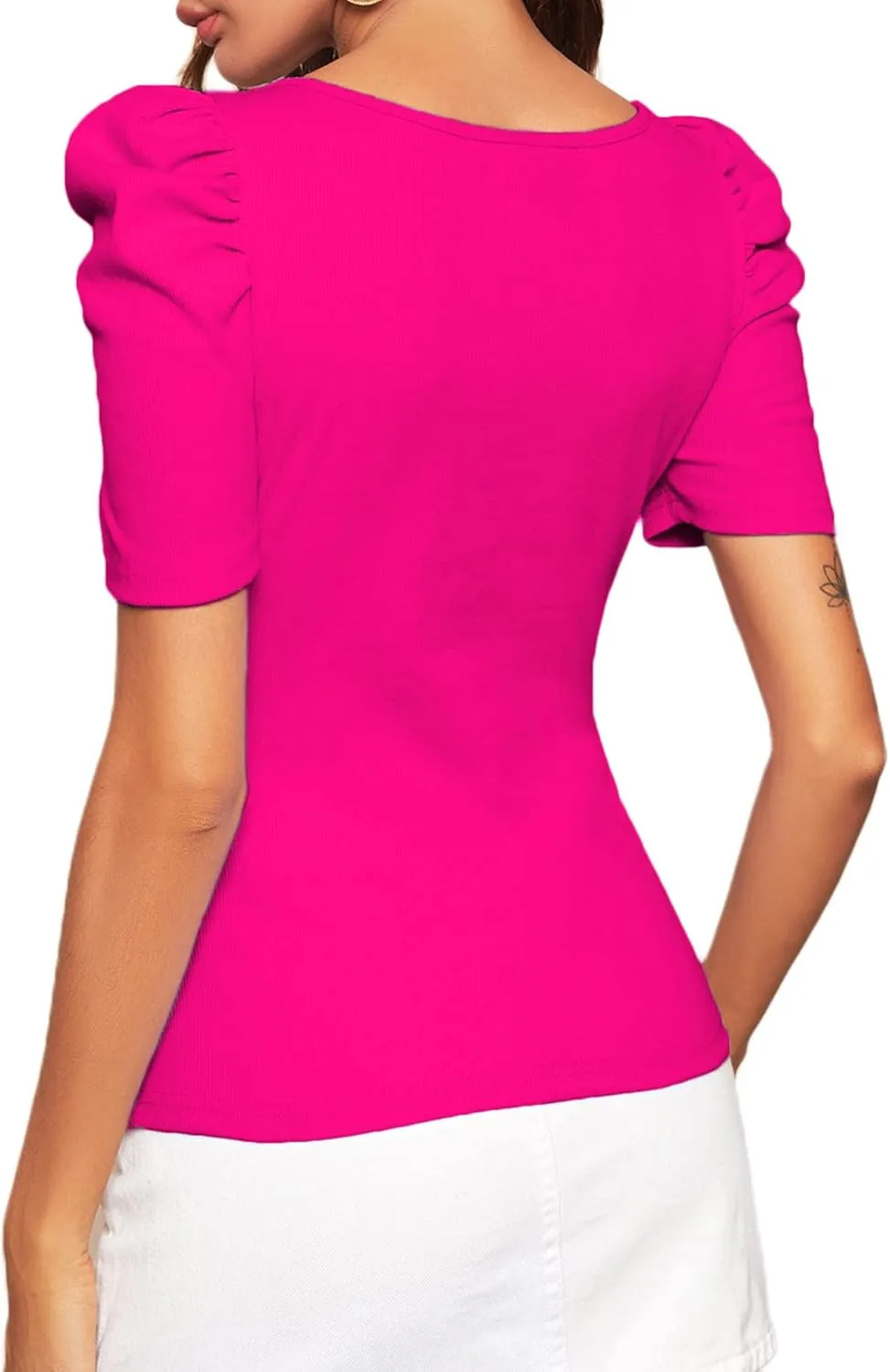 Remidoo Women's Casual Puff Short Sleeve Top Crewneck Solid Slim Fit T Shirt Blouse