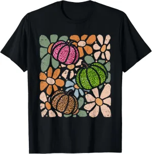 Retro Boho Floral Fall Pumpkin Autumn Thanksgiving Womens T-Shirt