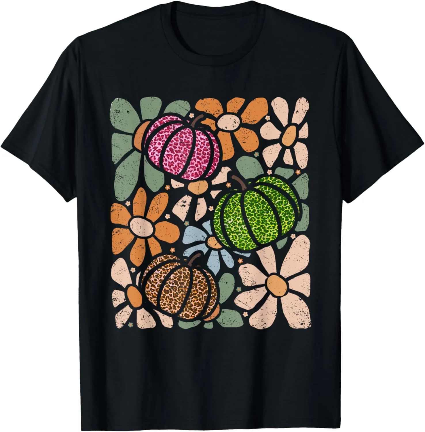 Retro Boho Floral Fall Pumpkin Autumn Thanksgiving Womens T-Shirt