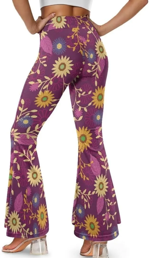 Retro Floral Women's High Waisted Slit Flared Leggings Tummy Control Yoga Pants Bell Bottom Trousers Plus Size Pants