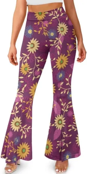 Retro Floral Women's High Waisted Slit Flared Leggings Tummy Control Yoga Pants Bell Bottom Trousers Plus Size Pants