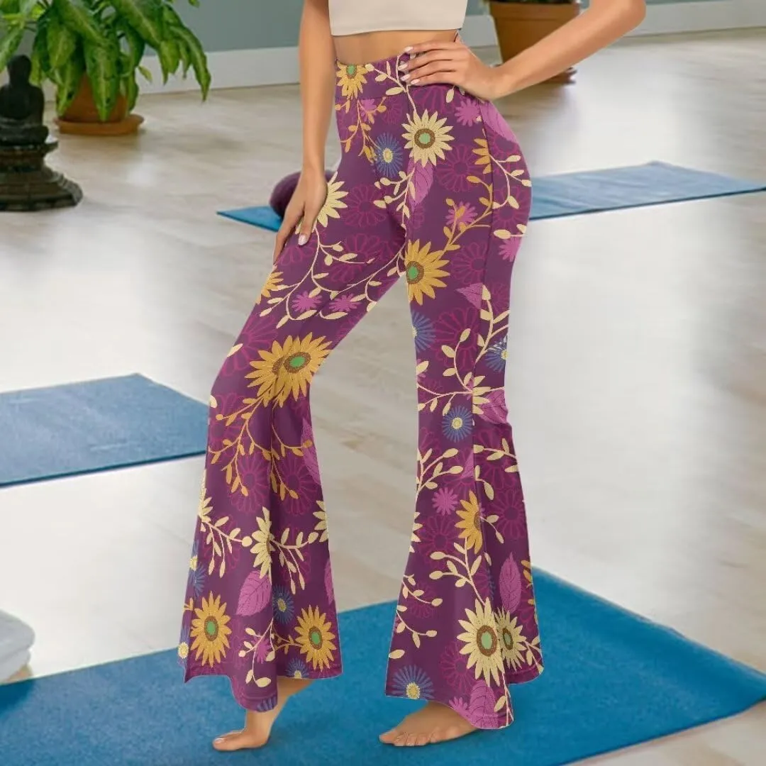 Retro Floral Women's High Waisted Slit Flared Leggings Tummy Control Yoga Pants Bell Bottom Trousers Plus Size Pants