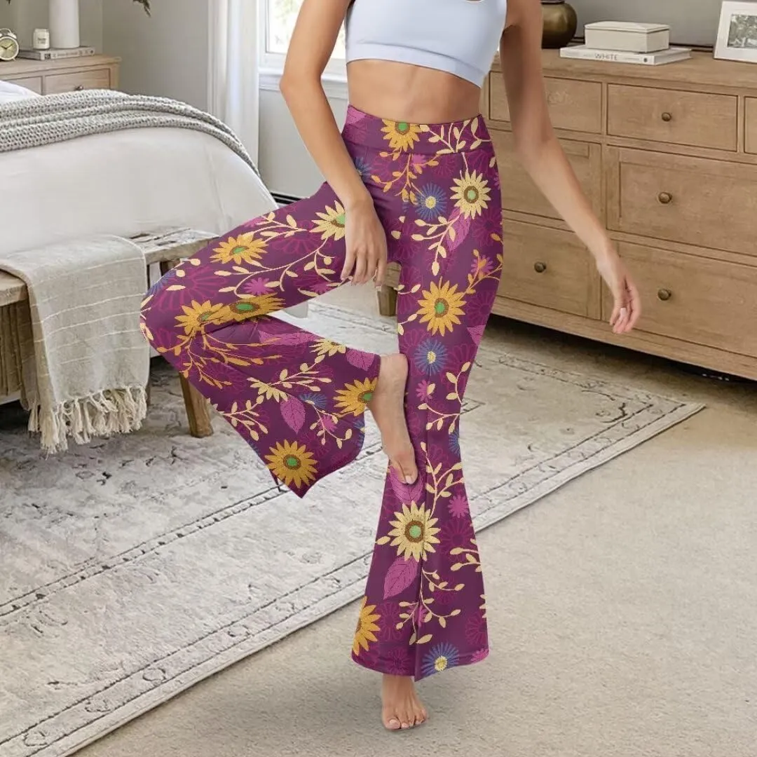 Retro Floral Women's High Waisted Slit Flared Leggings Tummy Control Yoga Pants Bell Bottom Trousers Plus Size Pants