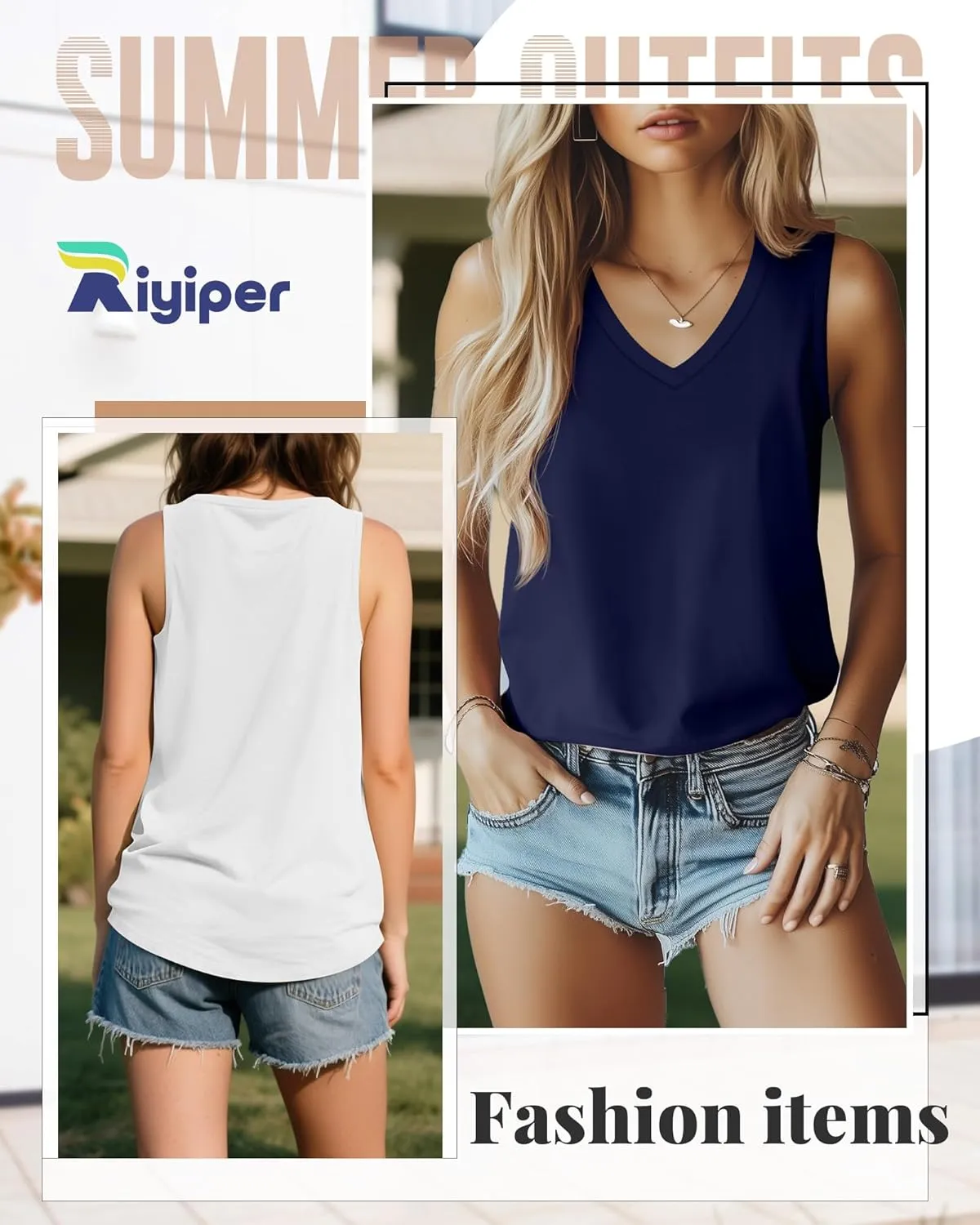 Riyiper 4 Pack Women's Tank Tops 2025 V Neck Shirts Casual Sleeveless Loose Fit Cotton Summer Basic Tee