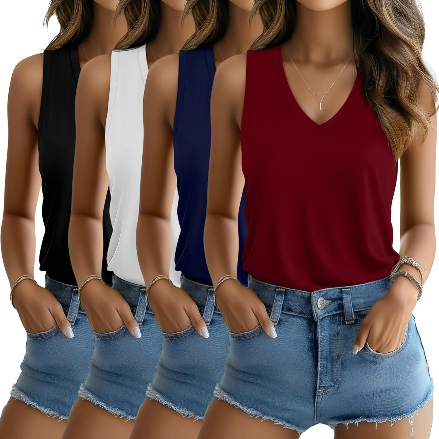Riyiper 4 Pack Women's Tank Tops 2025 V Neck Shirts Casual Sleeveless Loose Fit Cotton Summer Basic Tee
