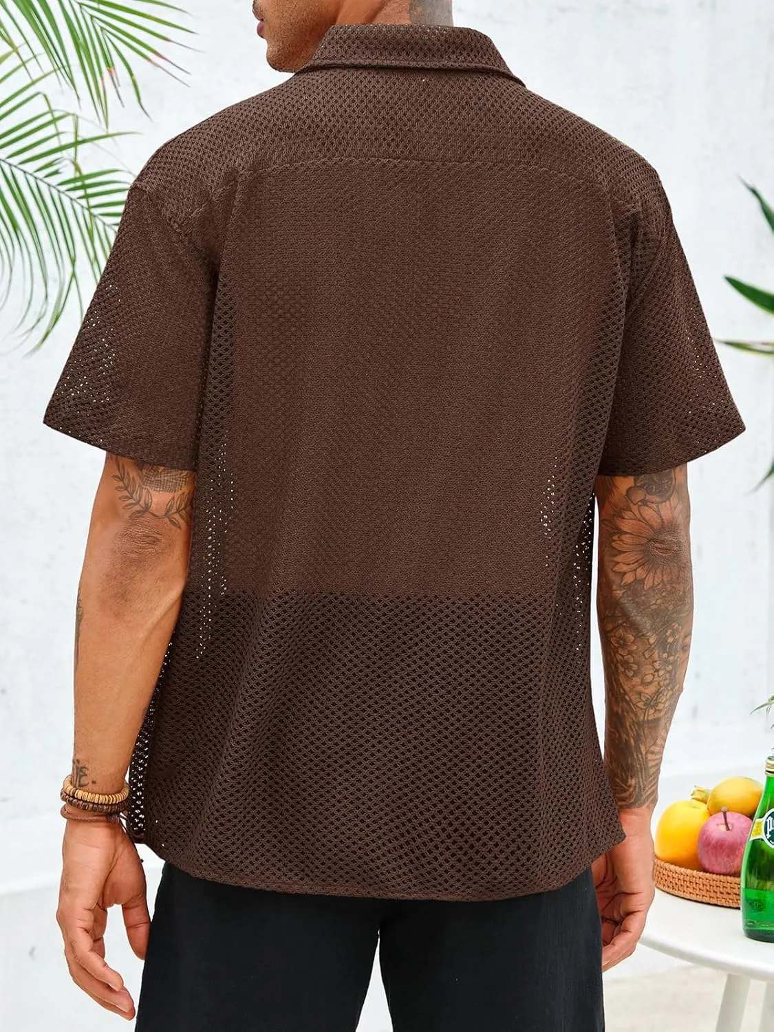 Runcati Mens Button Down Shirt Knit Crochet Hollow Out Short Sleeve Sweater Casual Summer Tops