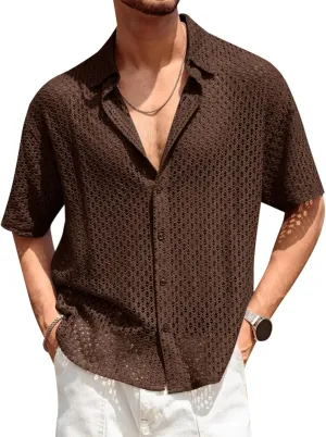 Runcati Mens Button Down Shirt Knit Crochet Hollow Out Short Sleeve Sweater Casual Summer Tops