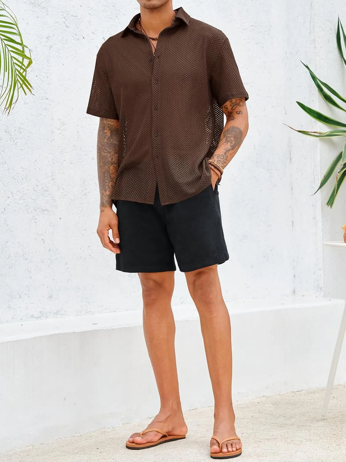 Runcati Mens Button Down Shirt Knit Crochet Hollow Out Short Sleeve Sweater Casual Summer Tops