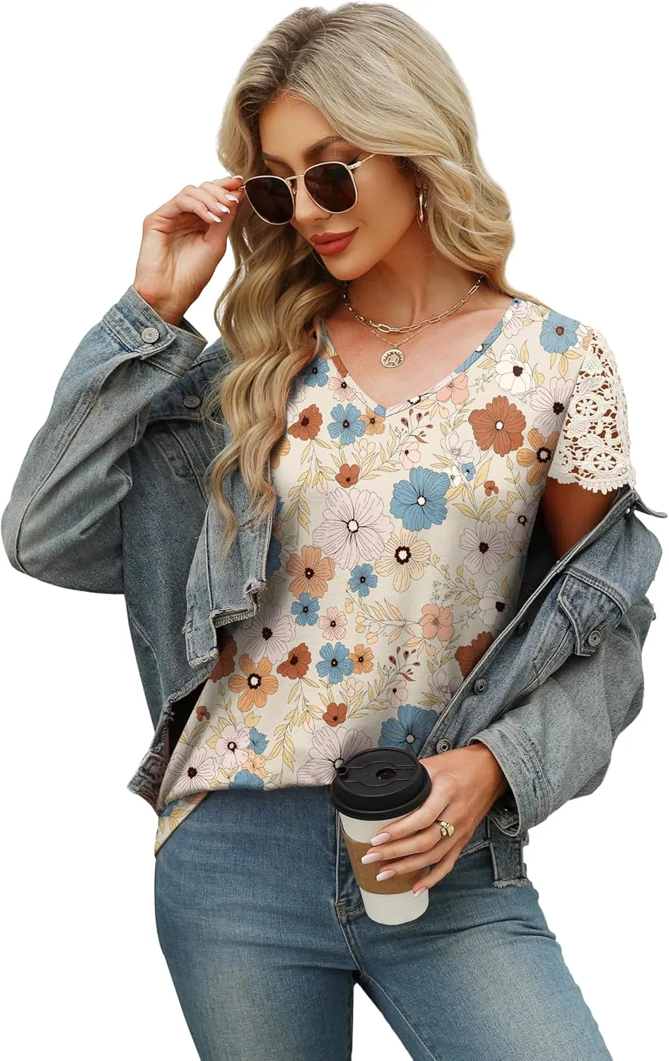 SAMPEEL Womens Tshirts Trendy Fashion Tops Lace Short Sleeve Business Tee Shirts Casual Knitted Blouses Summer Outfits 2025