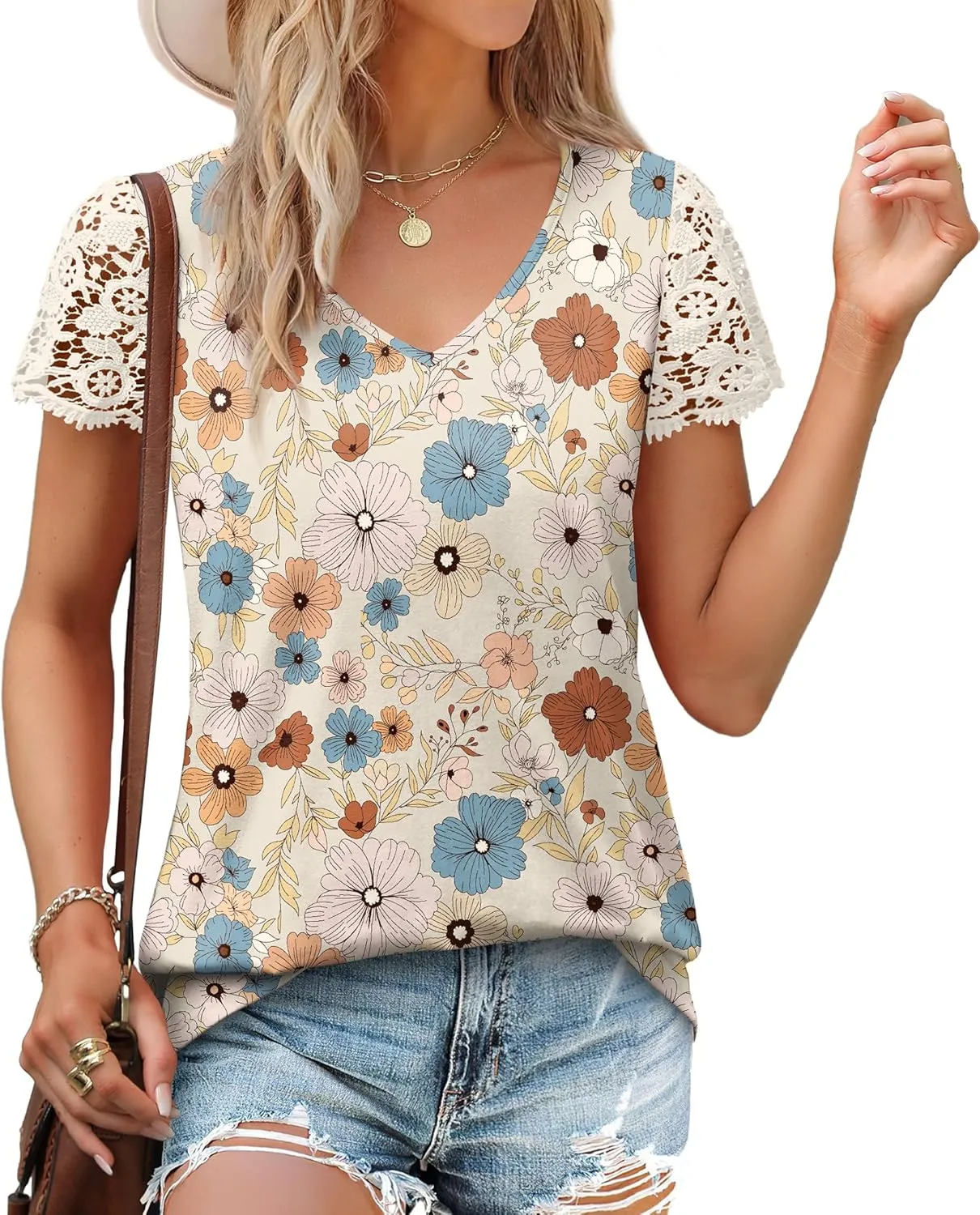 SAMPEEL Womens Tshirts Trendy Fashion Tops Lace Short Sleeve Business Tee Shirts Casual Knitted Blouses Summer Outfits 2025