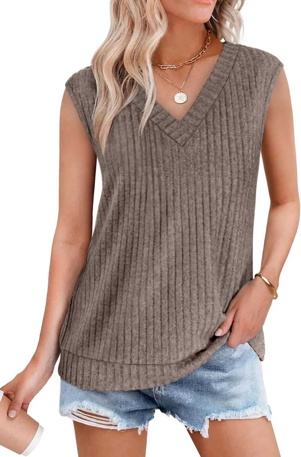 SAMPEEL Womens V Neck Sleeveless Sweater Tank Top Spring Casual Sweater Vest Summer Outifts 2025