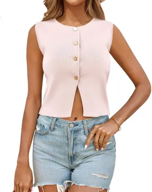 Saodimallsu Womens Sleeveless Cropped Sweater Vest Summer Trendy Knit Crop Tank Tops Crewneck Button Y2K Going Out Top