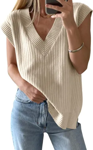Saodimallsu Womens V Neck Sweater Vest Oversized Ribbed Knit Sleeveless Casual Loose Fit Pullover Tank Top