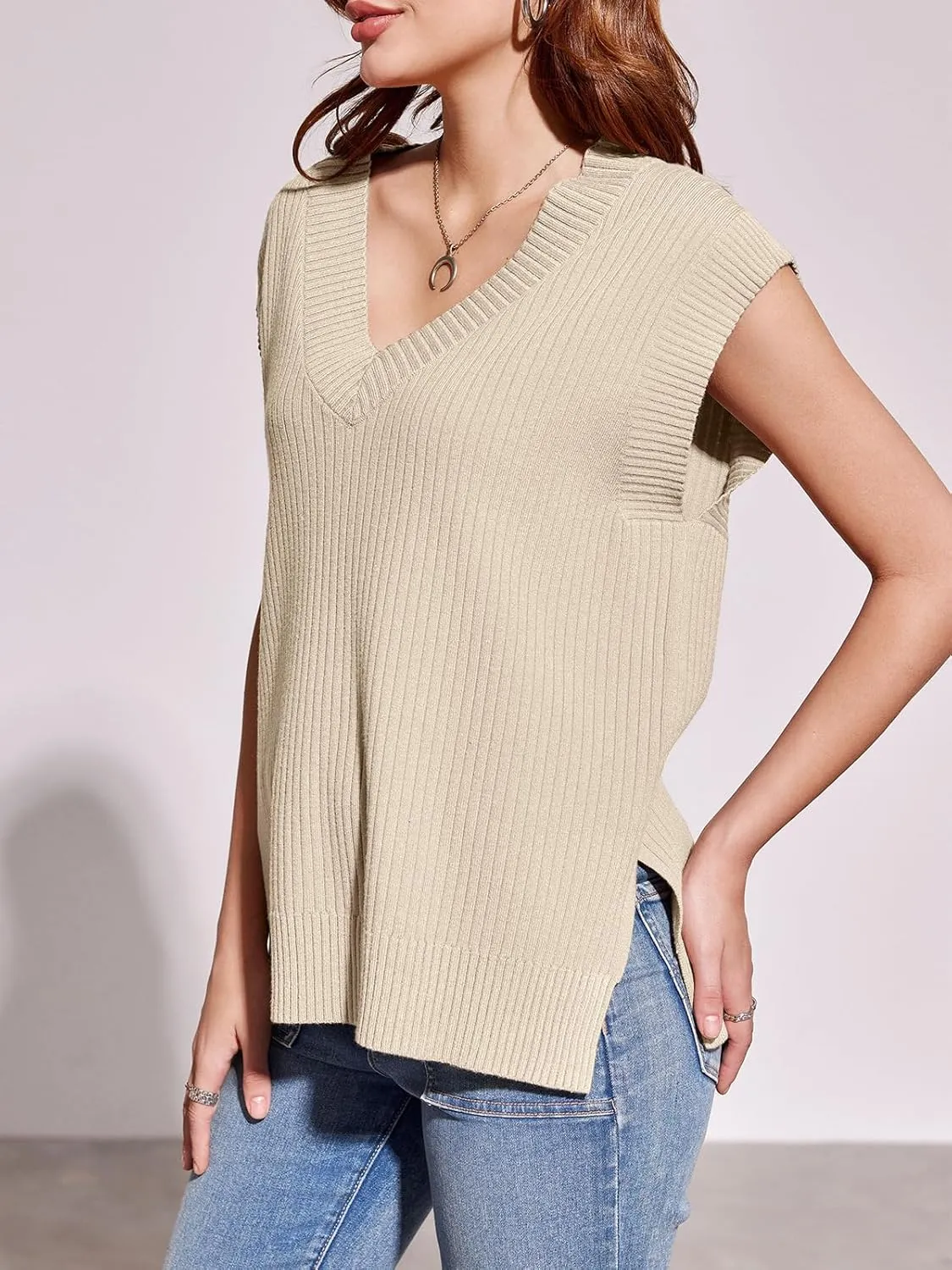 Saodimallsu Womens V Neck Sweater Vest Oversized Ribbed Knit Sleeveless Casual Loose Fit Pullover Tank Top