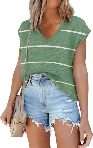 SAUKOLE Women's Sleeveless Sweater Vest Casual V Neck Cap Sleeve Knit Pullover Tank Tops 2025 Spring Clothes