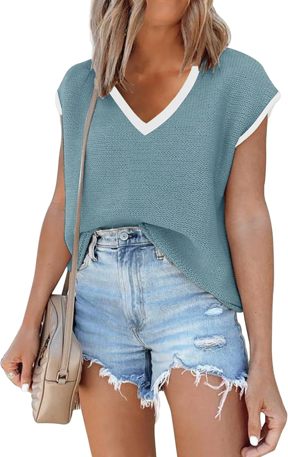 SAUKOLE Women's Sleeveless Sweater Vest Casual V Neck Cap Sleeve Knit Pullover Tank Tops 2025 Spring Clothes